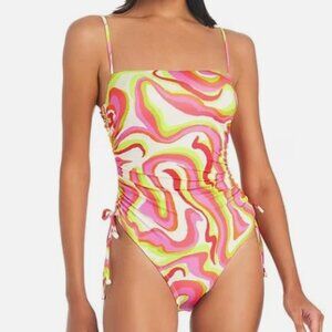 NWT! Sanctuary Multi Color Neon Swirl Cinched One Piece Swimsuit NEW!